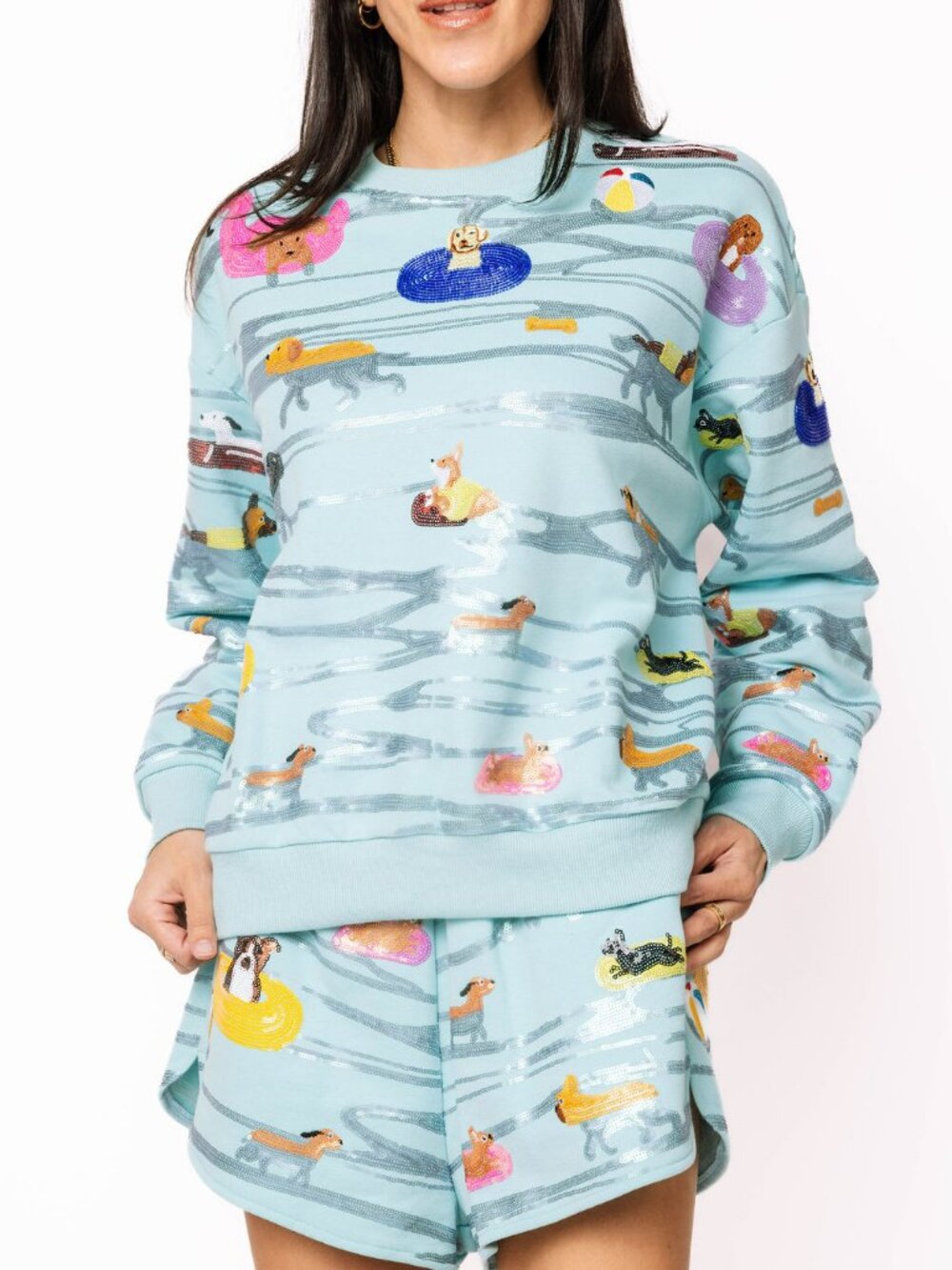 NWT Queen of Sparkles Blue Dogs Swimming on Floats Sweatshirt - Picture 3 of 5